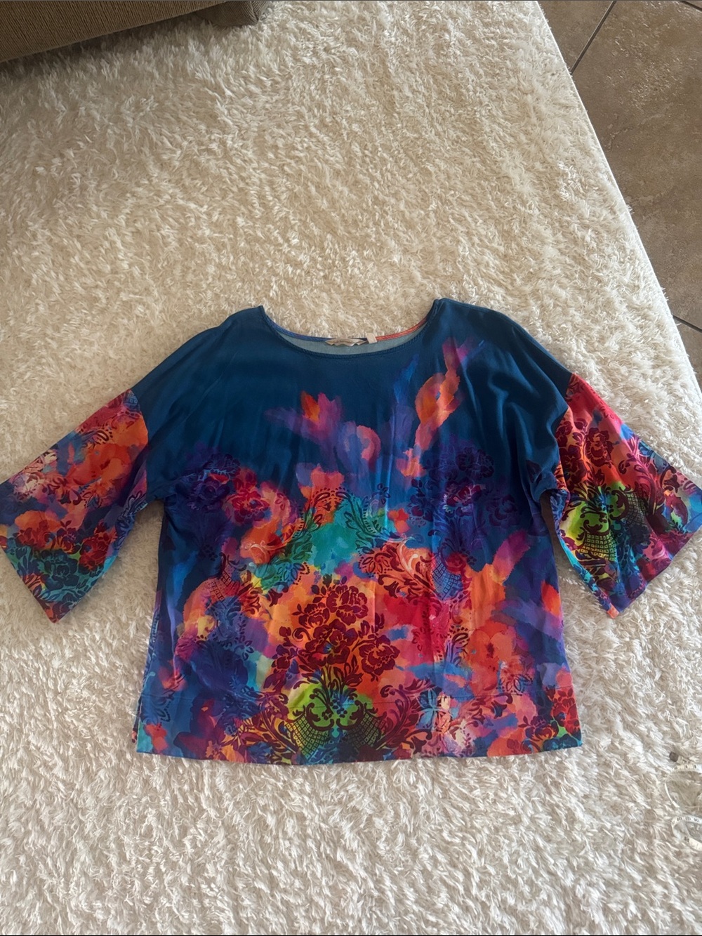 Soft Surroundings Blue Multicolor Floral Scoop Neck Top